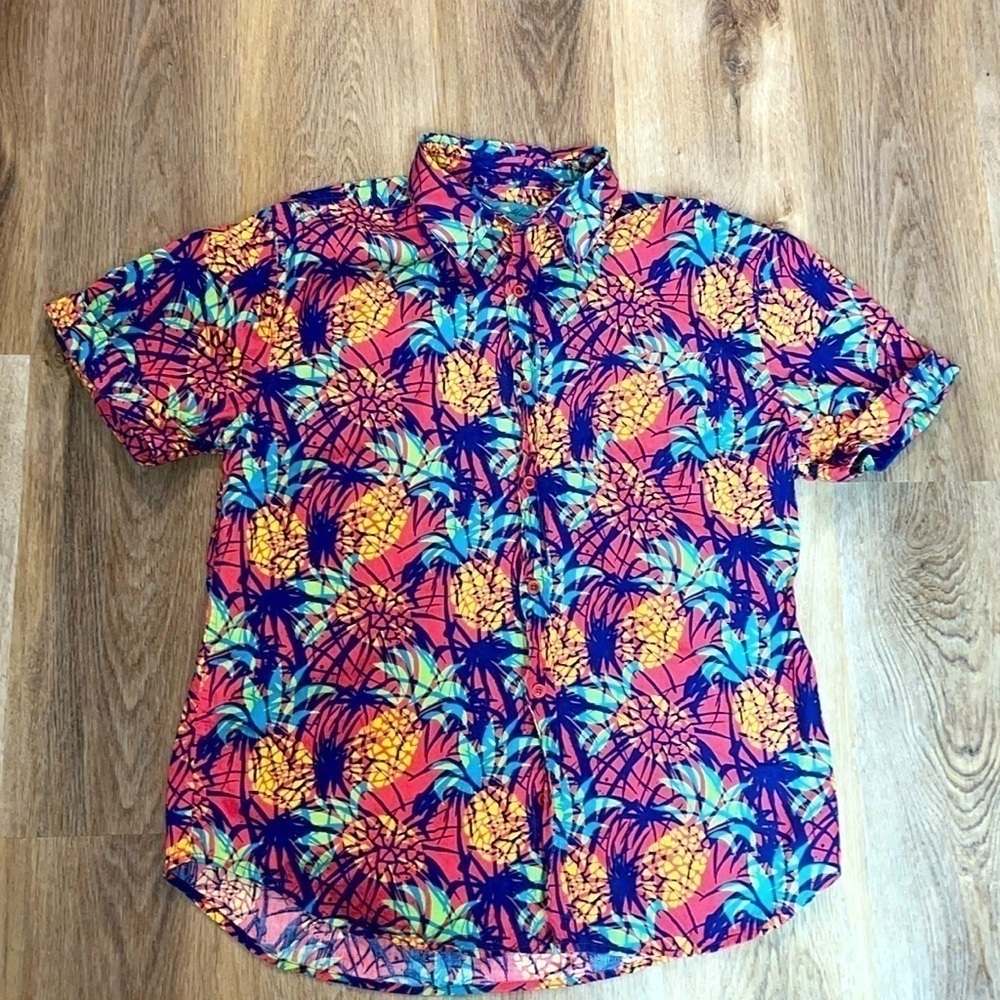 Coral Pineapple Print Tropical Hawaiian Joe Marlin Tapered Fit Button Down L
